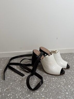 White Open-Toe Mule Heels with Black Wrap Strap
